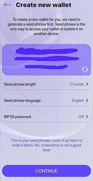 OWNR wallet review: creating a seed phrase.