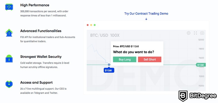 Resenha do Phemex: demonstração de trading de contrato do Pheme.