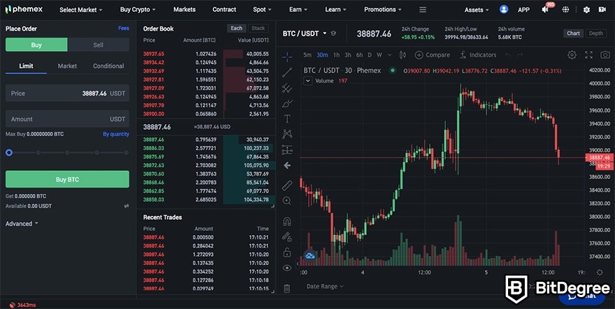 Phemex отзывы: интерфейс трейдинга.