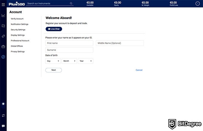 Plus500 review: name, surname, date of birth.