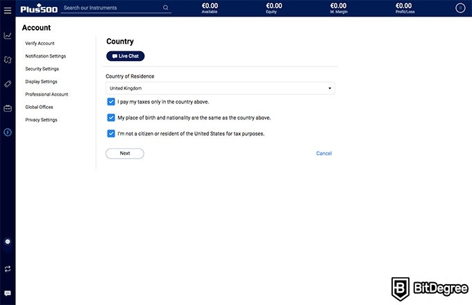 Plus500 review: country of residence.