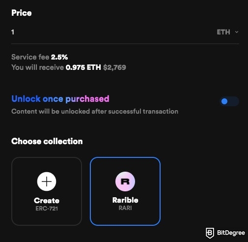 Rarible review: setting up the pricing of NFTs on Rarible.