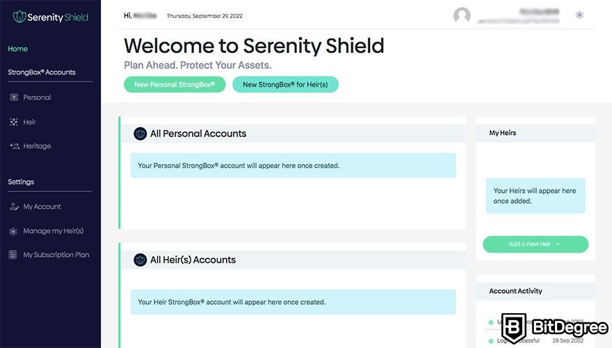 Serenity Shield review: the StrongBox dashboard.