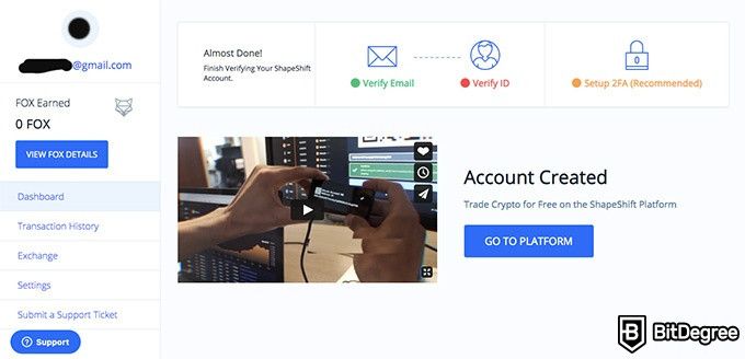ShapeShift exchange review: account created.