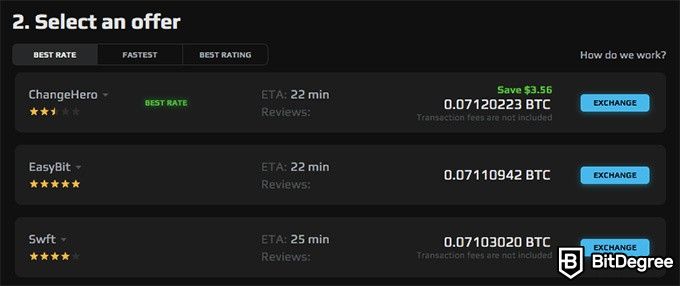 Swapzone review: select an exchange.