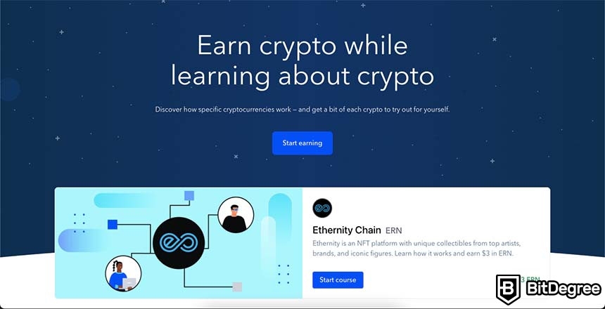 Ways to earn Bitcoin: Coinbase Earn front page.