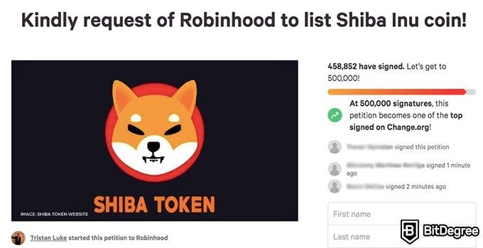 Where to buy Shiba coin: petition to add Shiba Inu coin to RobinHood.
