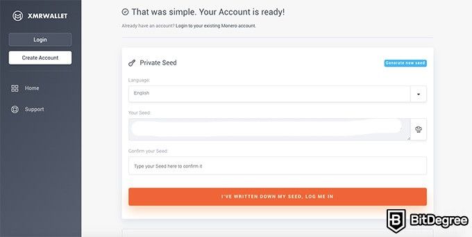 XMR Wallet review: account creation.