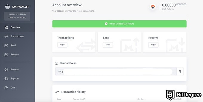 Reseña XMR Wallet: Vista previa de la cuenta.