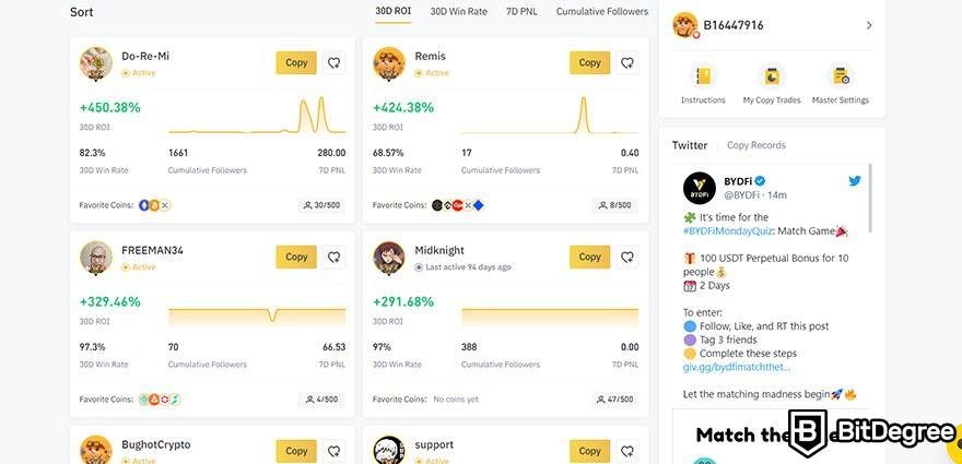 BYDFi review: copy trading leaderboard.