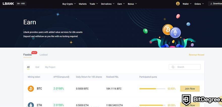 LBank Review: earning page.