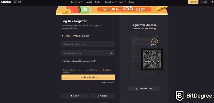 LBank Review: login page.