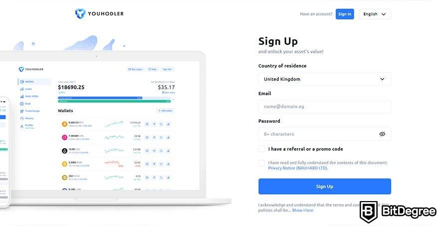 YouHodler Review: Sign up boxes.