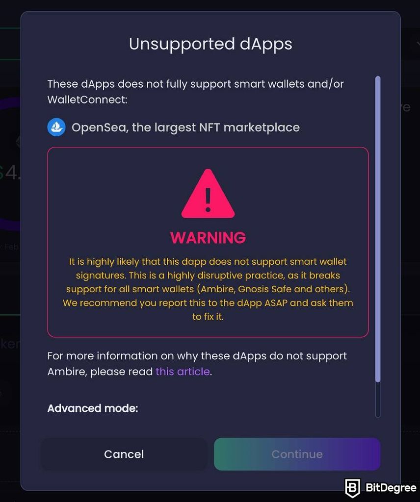 Ambire Wallet review: an unsupported dApp being connected to Ambire (OpenSea).