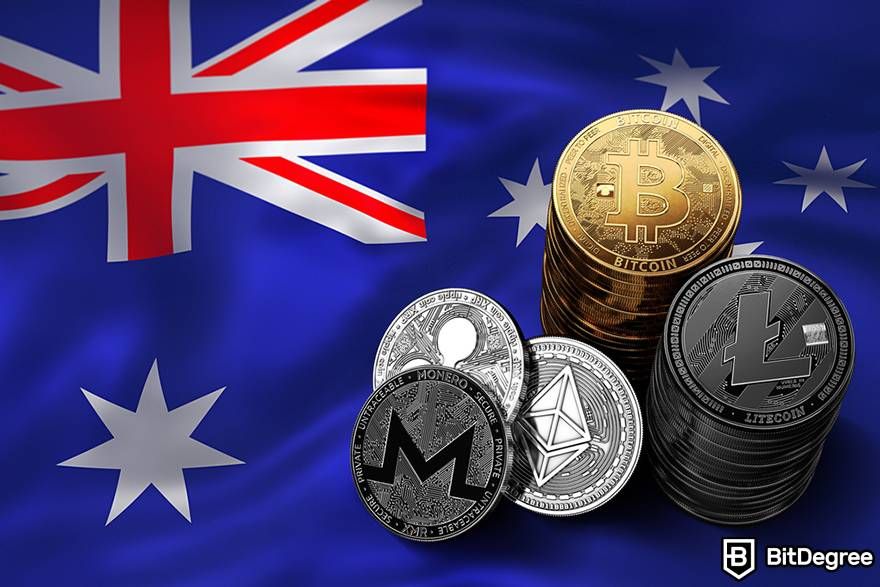 Best crypto exchange Australia: Australian flag with crypto coins.