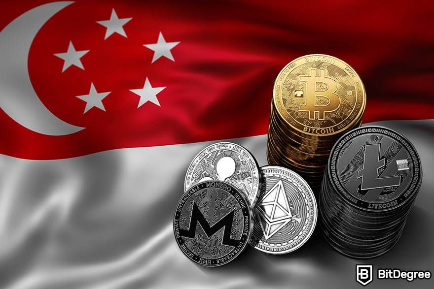 Best crypto exchange Singapore: Singapore's flag and crypto coins.