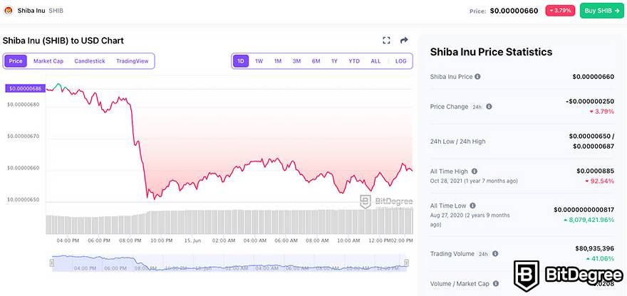 Best cryptocurrency to invest today for short-term: Shiba Inu (BitDegree crypto tracker stats as of June 15th 2023).
