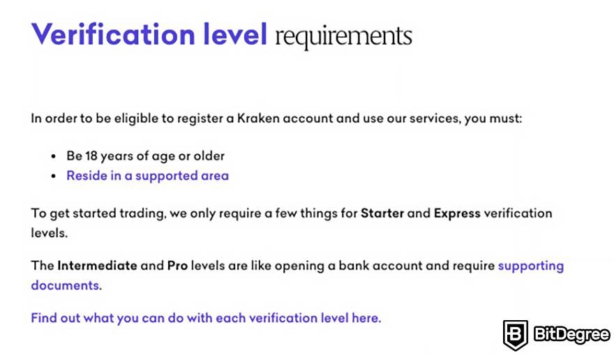 Best no-KYC crypto exchange: Kraken verification levels.