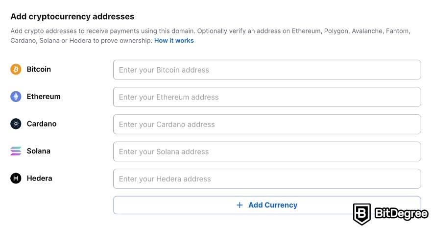 Buy crypto domain: adding other wallet addresses to Unstoppable Domains.