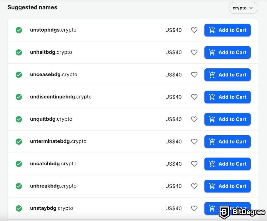 Comprar domínios crypto: exemplos de Unstoppable Domains.