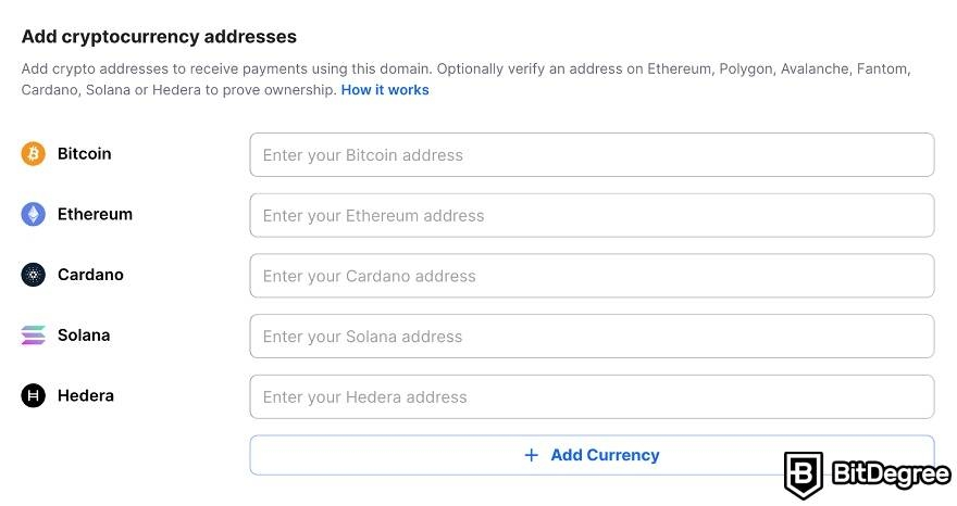 Buy web3 domain: add cryptocurrency addresses.