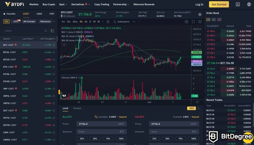 BYDFi review: the platform's candle charts.