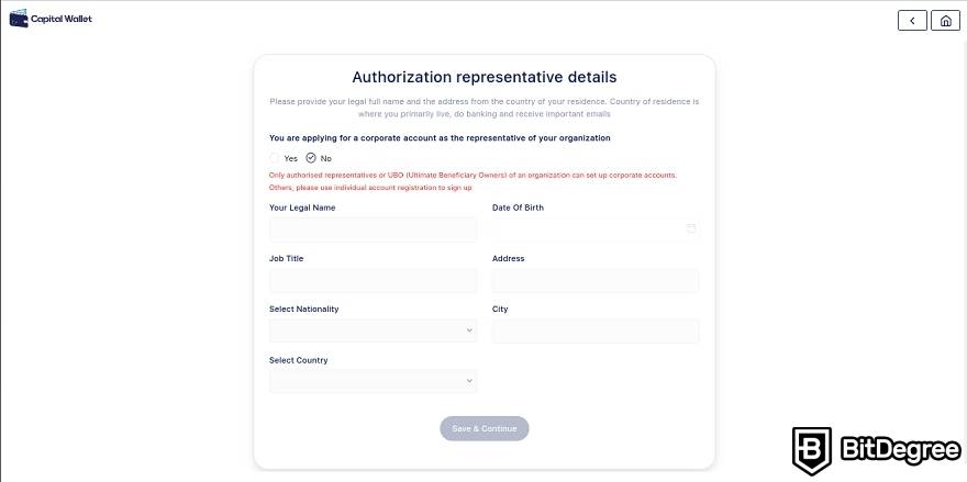 Capital Wallet review: authorization representative details.