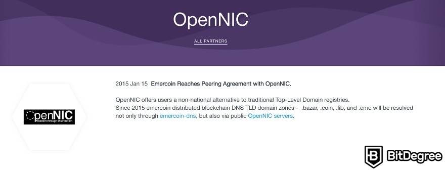 Coin domain: OpenNIC and Emercoin partnership.