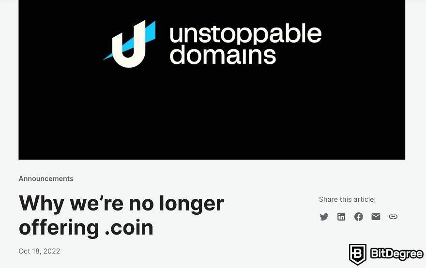 Coin domain: UD announcement regarding .coin domains.