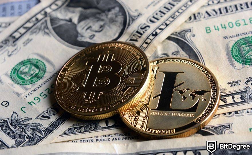 Crypto trading strategies: physical crypto coins placed on US dollars.