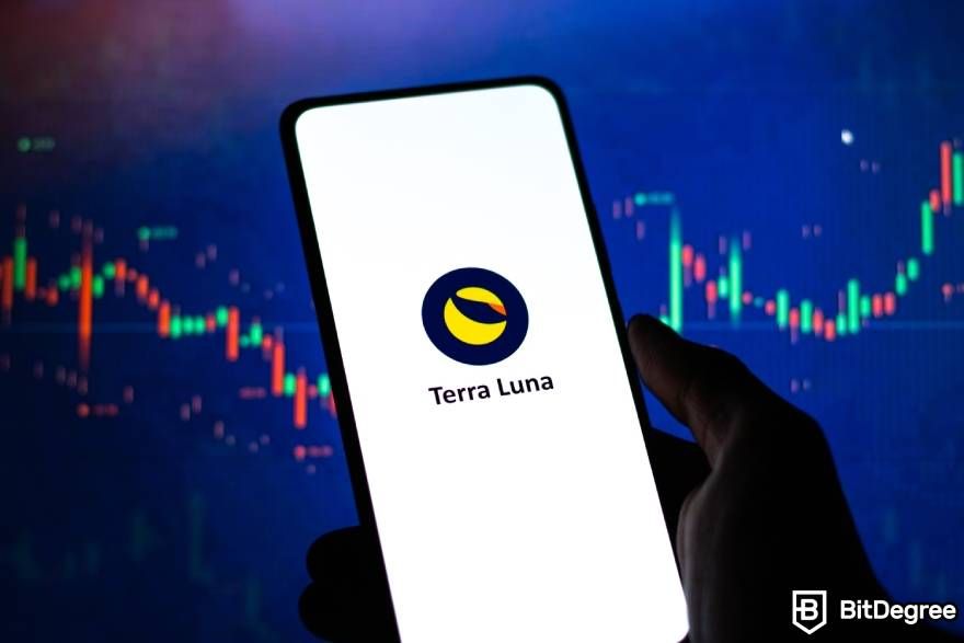 Crypto winter meaning: Terra Luna logo on a phone screen.