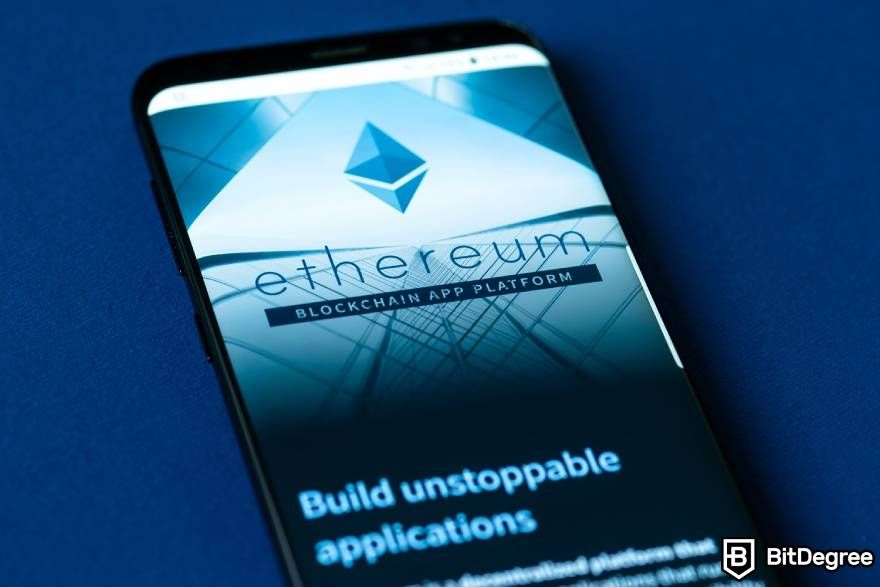 History of Blockchain: the Ethereum website on a mobile phone.