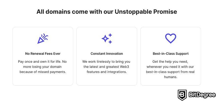 How does Unstoppable Domains work: all domains come with UD's unstoppable promise.