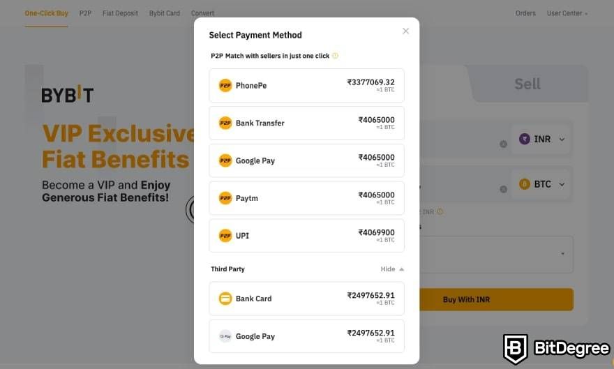How to buy Bitcoin in India: Bybit payment methods.