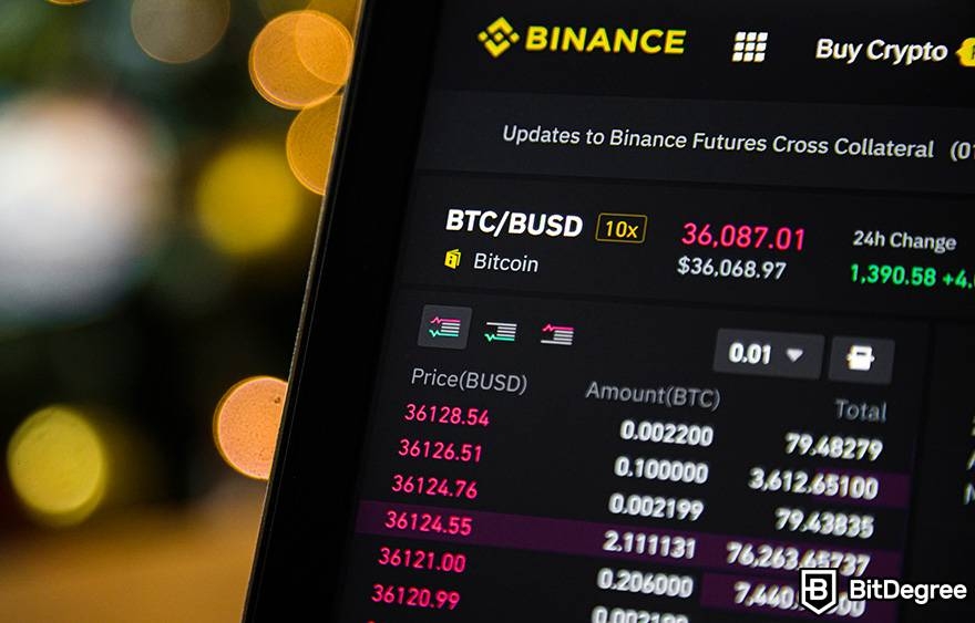 How to buy crypto without KYC: a monitor displays the Binance cryptocurrency exchange.