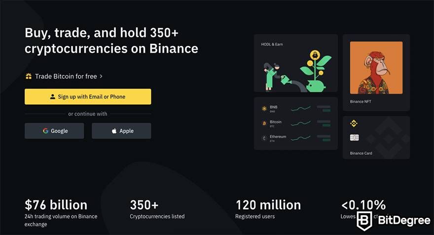 Cara trading crypto: Beranda pada situs Binance.