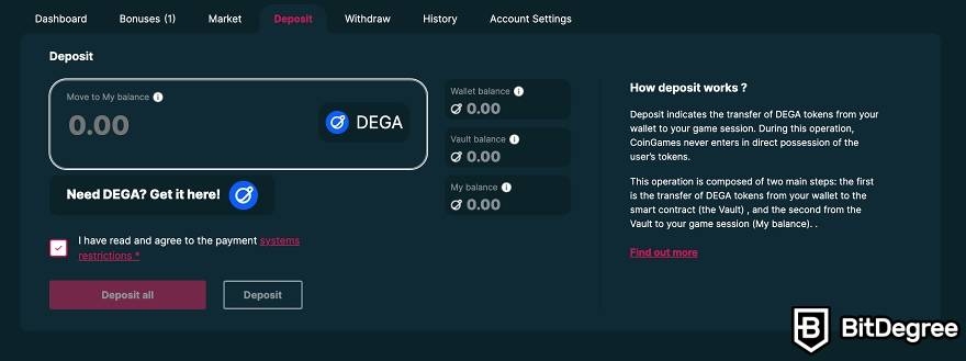 How to use CoinGames: depositing DEGA on CoinGames.