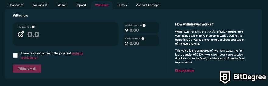 How to use CoinGames: withdrawing tokens from the platform.