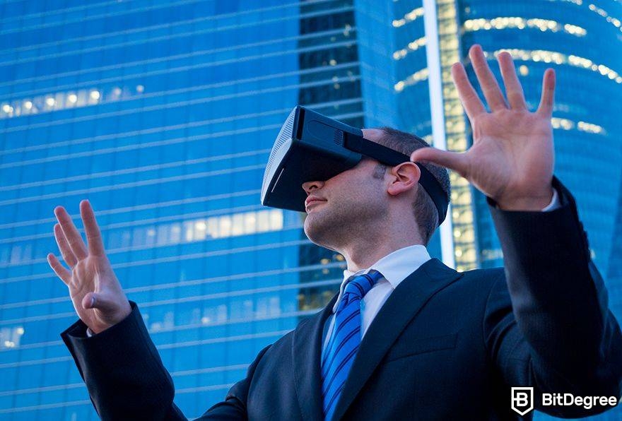 How to use metaverse: man in suit in VR headset.