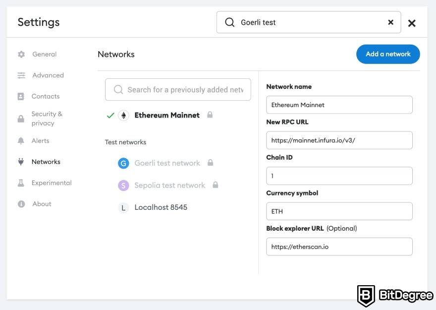 How to use Vertex Protocol: adding the Goerli test network to MetaMask.