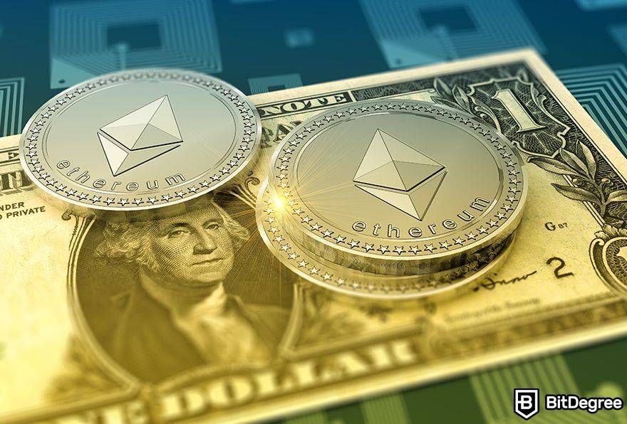 Is Bitcoin dead: Ethereum coins next to 100 dollar bill.