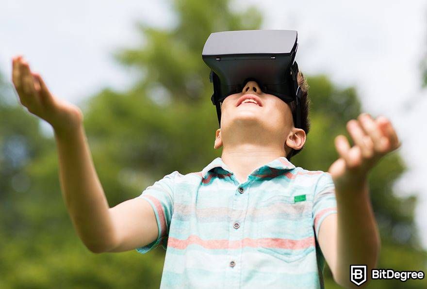 Metaverse augmented reality: kid in VR with hands out.