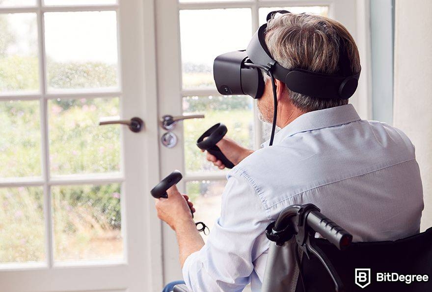 Metaverse augmented reality: old man using VR with controllers.