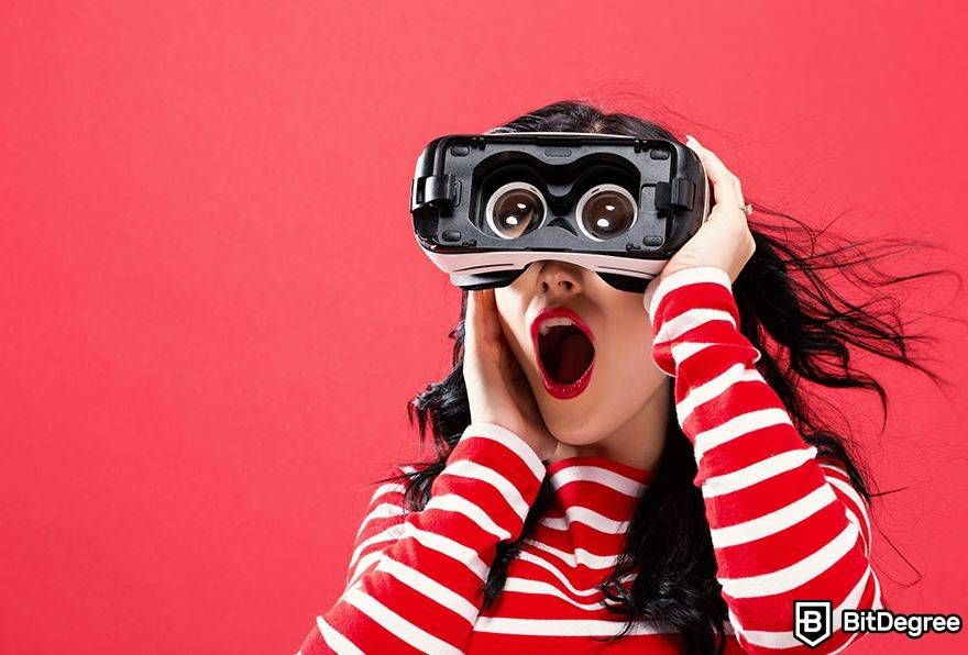Metaverse augmented reality: woman excited in AR goggles.