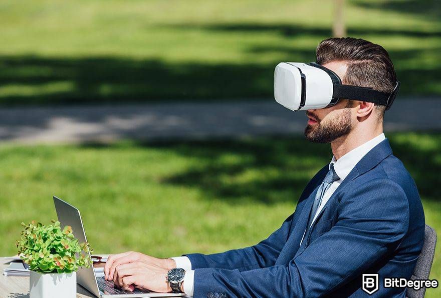 Metaverse business opportunities: business person with VR in field.