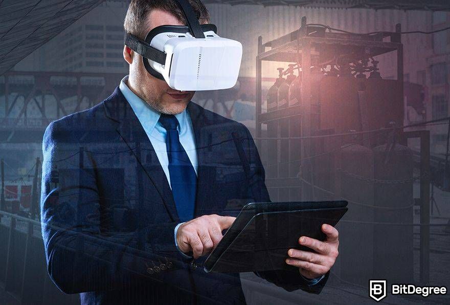Metaverse business opportunities: VR user looks at tablet.