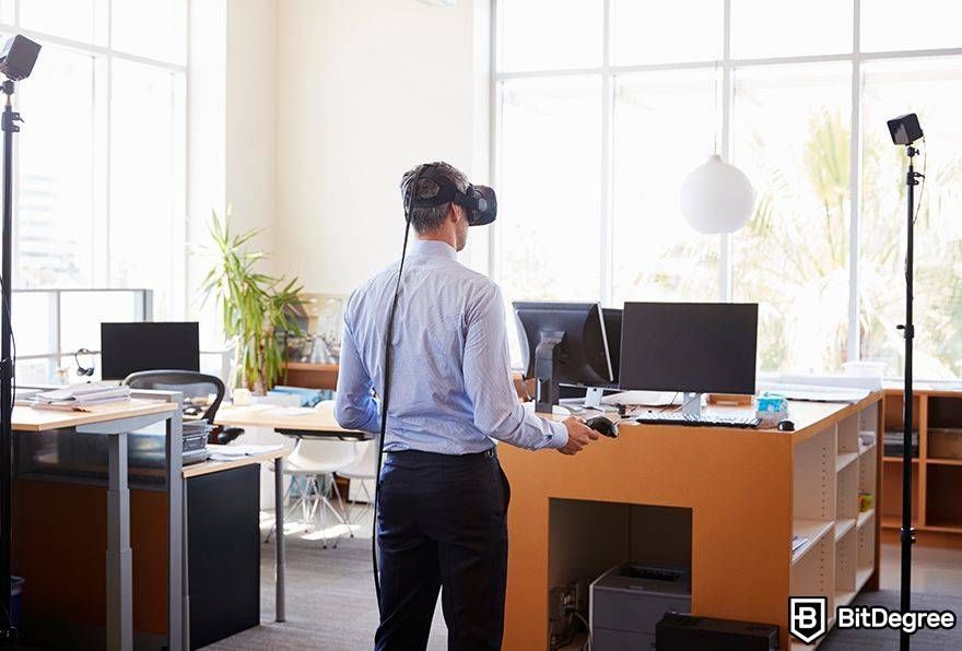 Metaverse business opportunities: VR user looks at office.