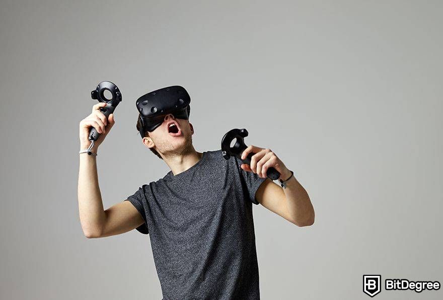 Metaverse business opportunities: VR user with controllers.