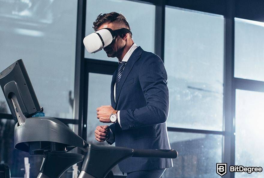 Metaverse business opportunities: man in suit on treadmill with VR.
