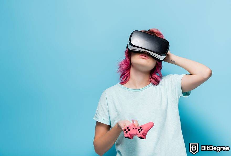 Metaverse laws: woman uses VR with controller.
